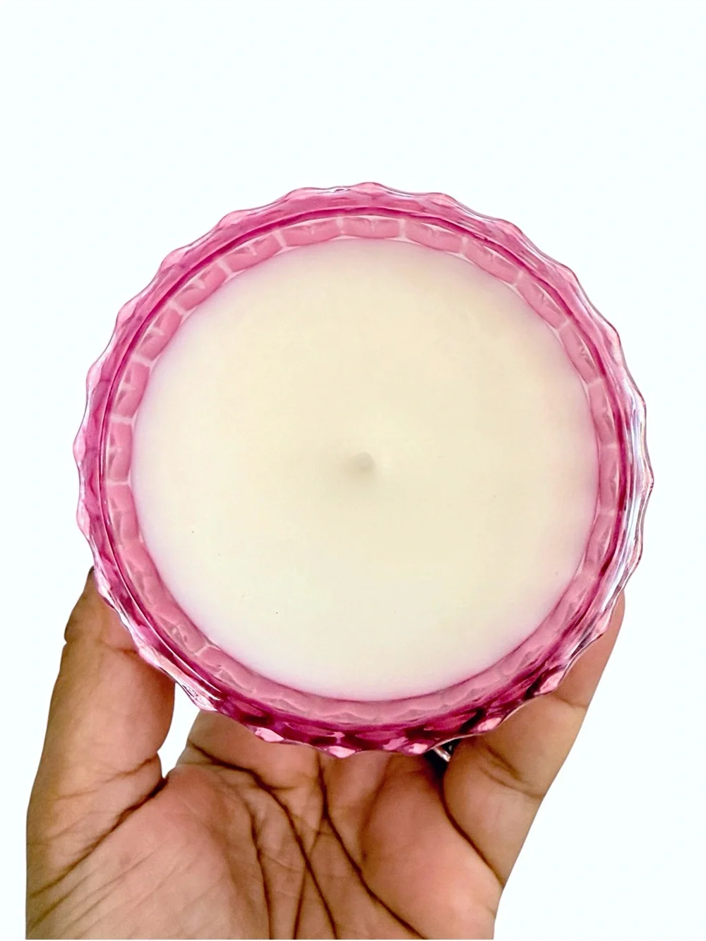 Leoben Company Guava Blossom Scented Candle Iridescent Pink Cut Glass Jar w/ Lid
